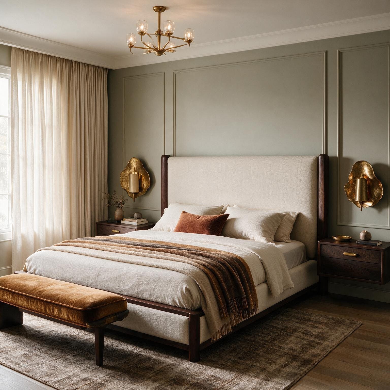 Sage paneled bedroom with brass sconces
