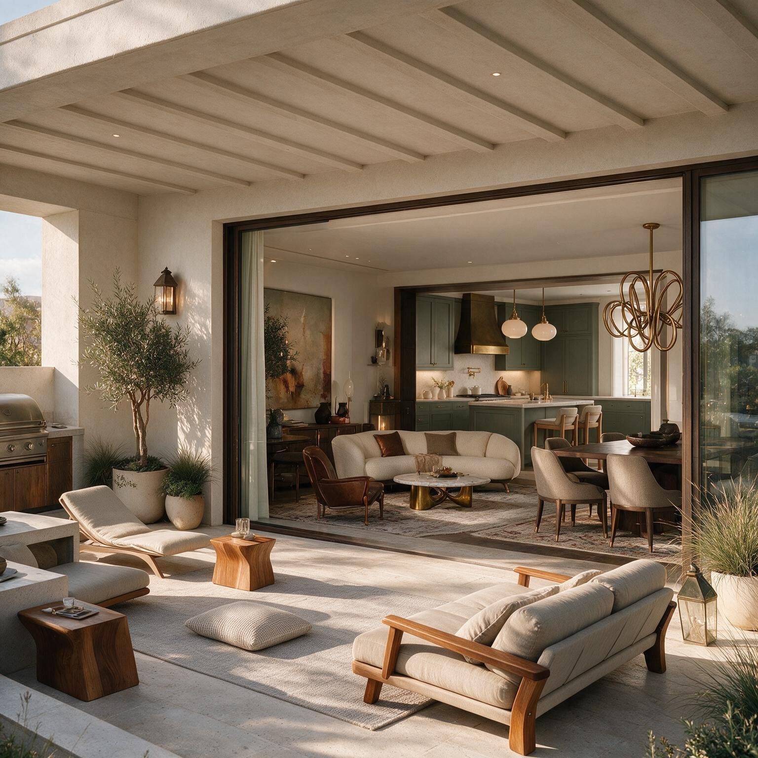 Covered terrace opening onto a living room and sage green kitchen