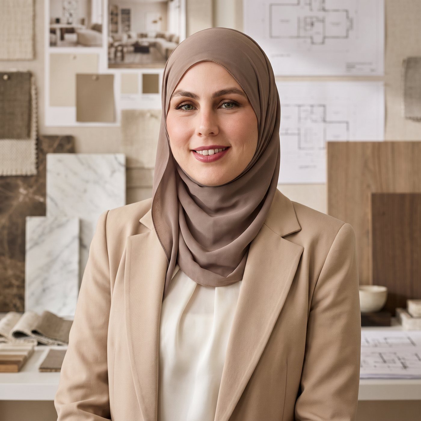 Salwa Omar, principal designer, in her studio surrounded by material samples