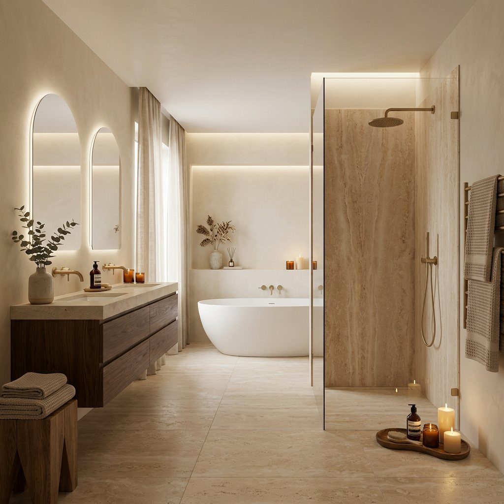Travertine bathroom with a freestanding tub