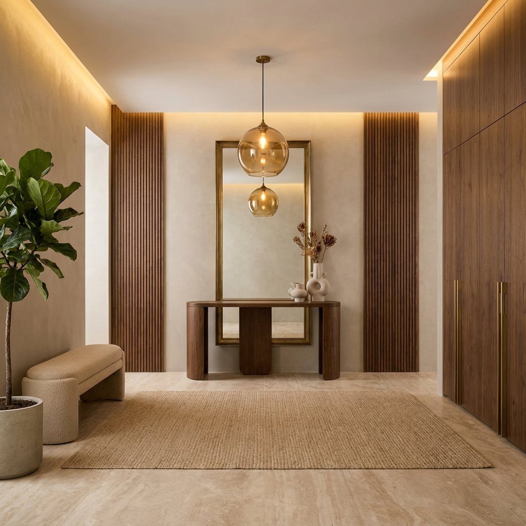 Entry foyer with fluted walnut panels and amber glass pendant
