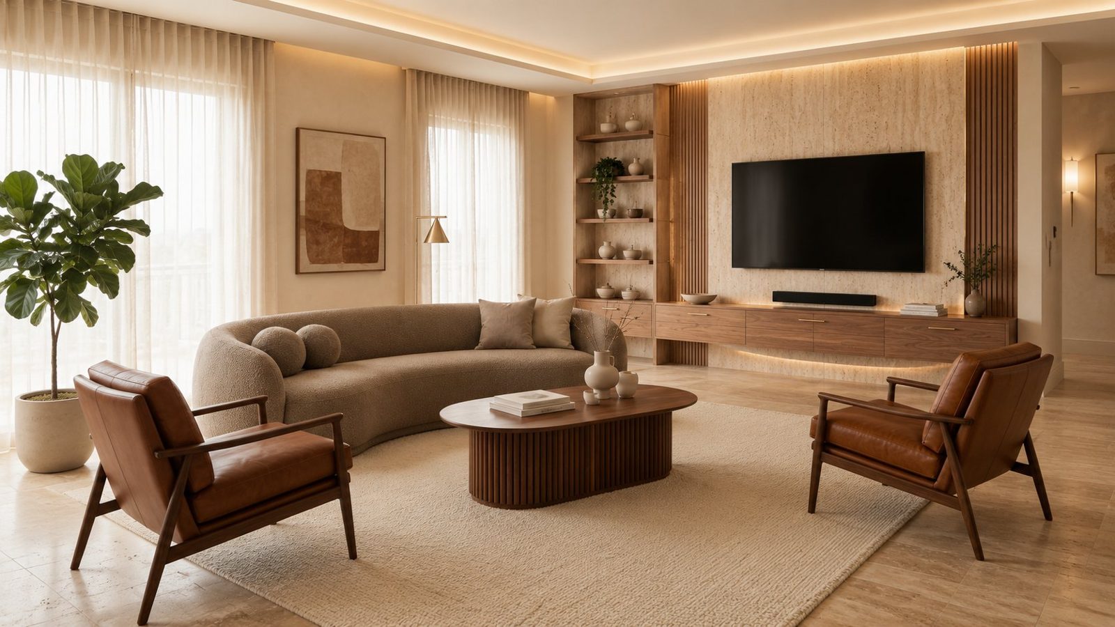 Travertine and walnut living room with a curved bouclé sofa