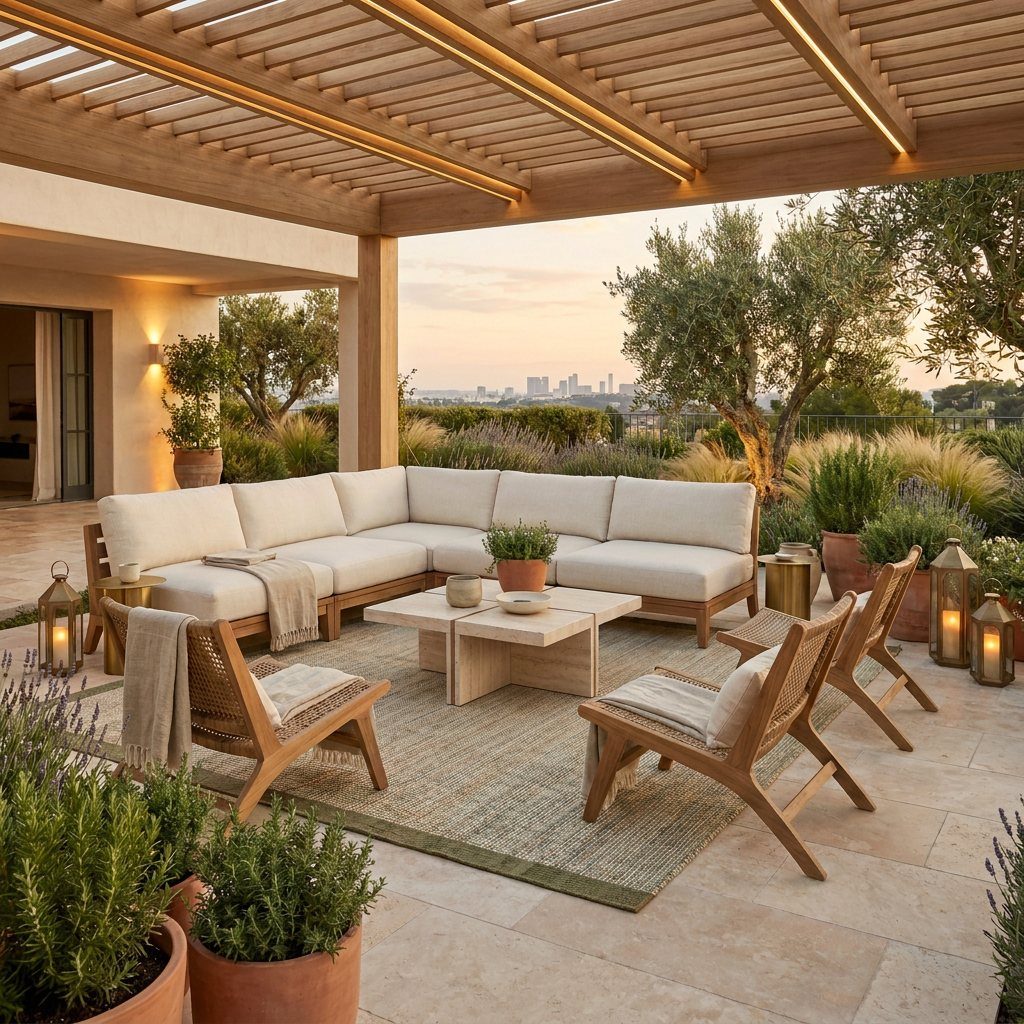 Terrace lounge under a timber pergola with olive trees