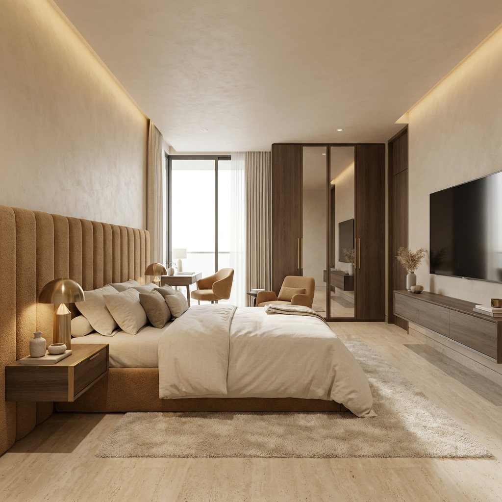 Primary bedroom with a channel-tufted headboard