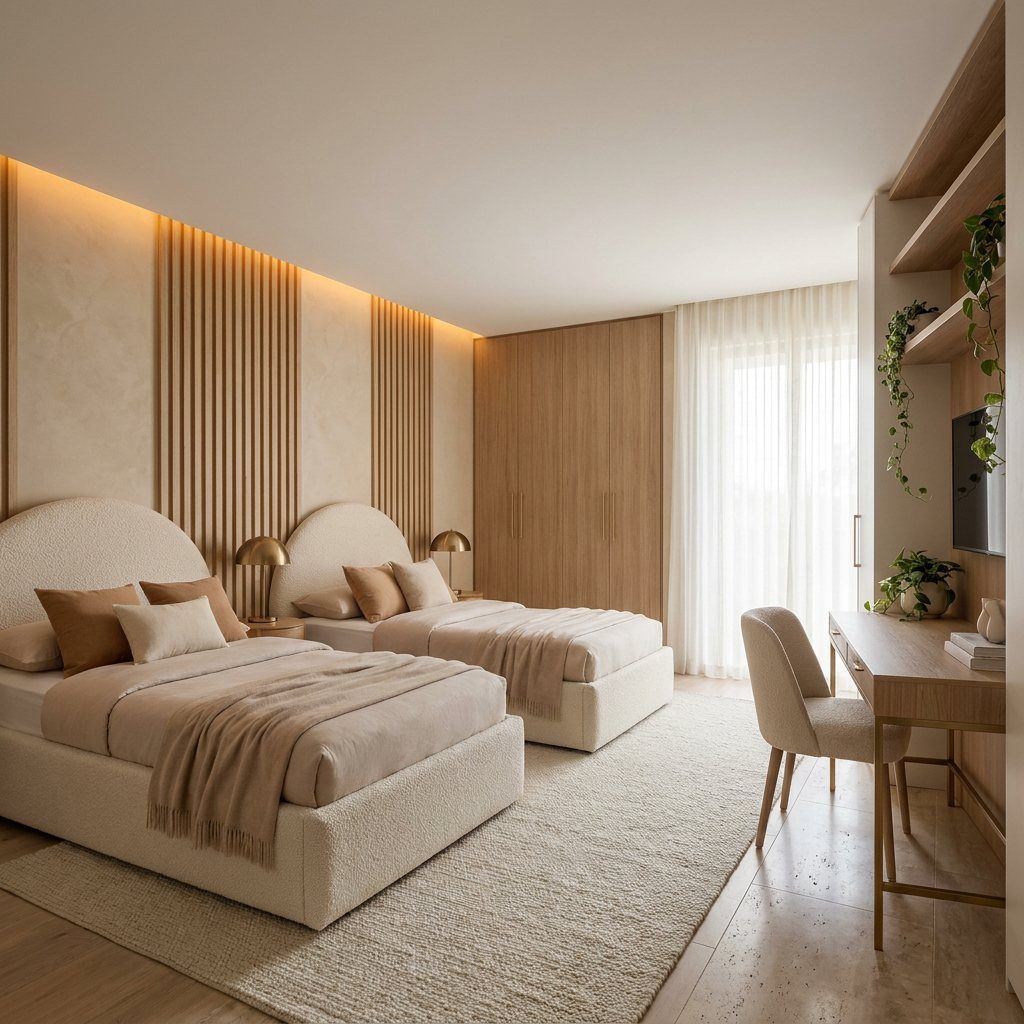 Shared bedroom with arched bouclé headboards