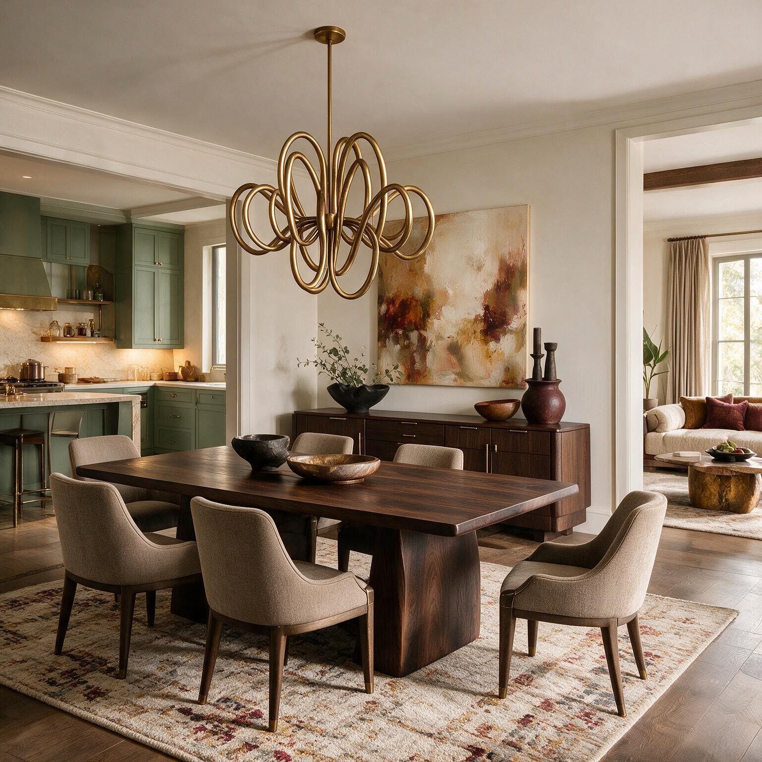 Dining room with a sculptural brass chandelier