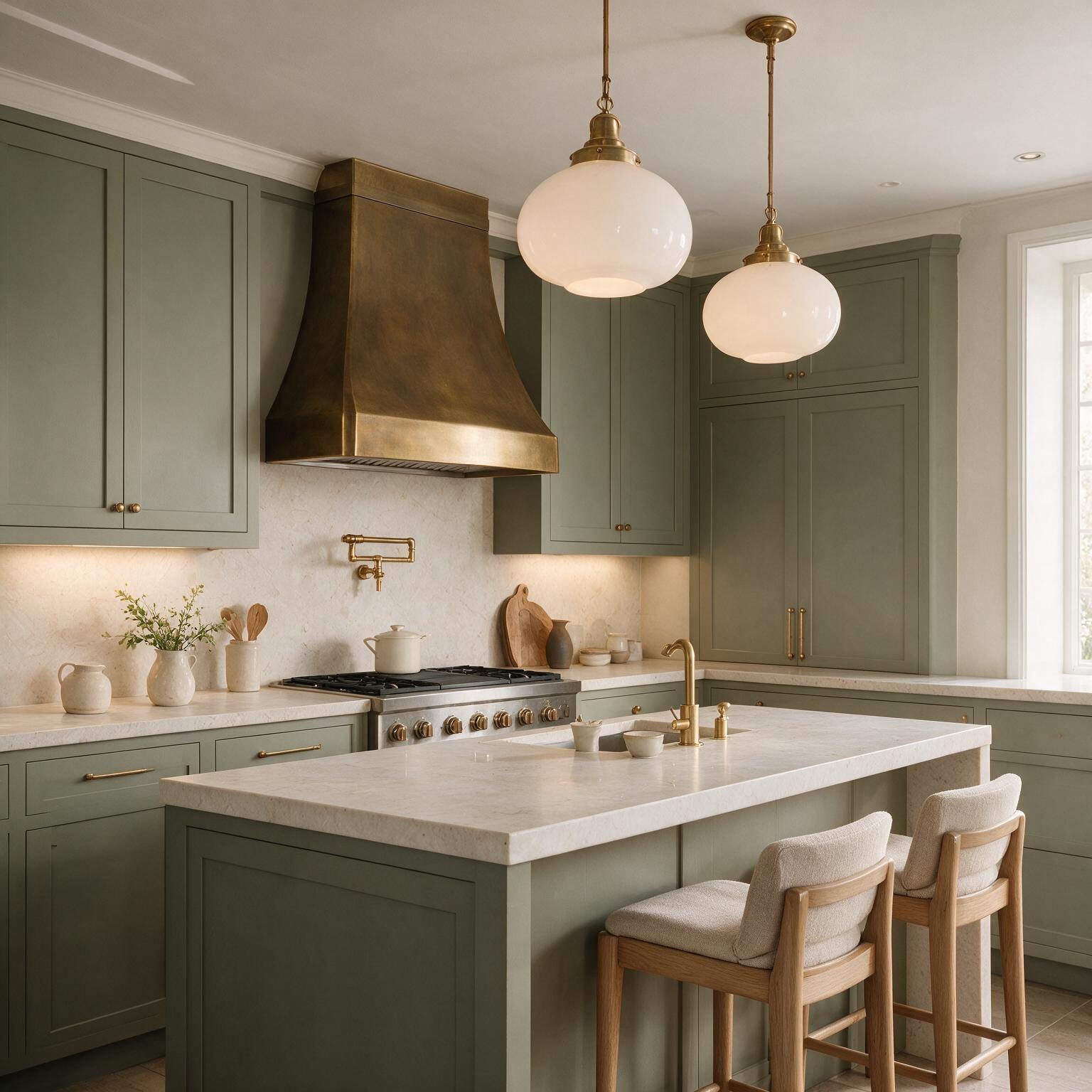 Sage kitchen with an aged brass hood and opal pendants