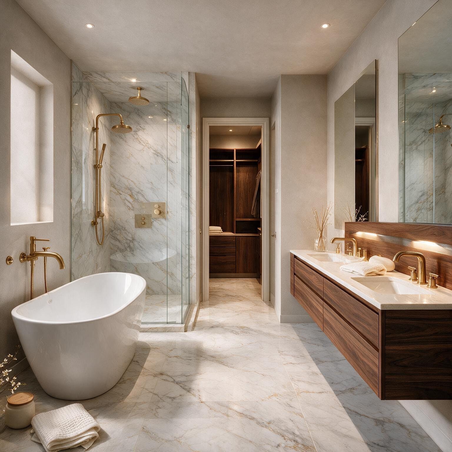 Marble primary bath with freestanding tub