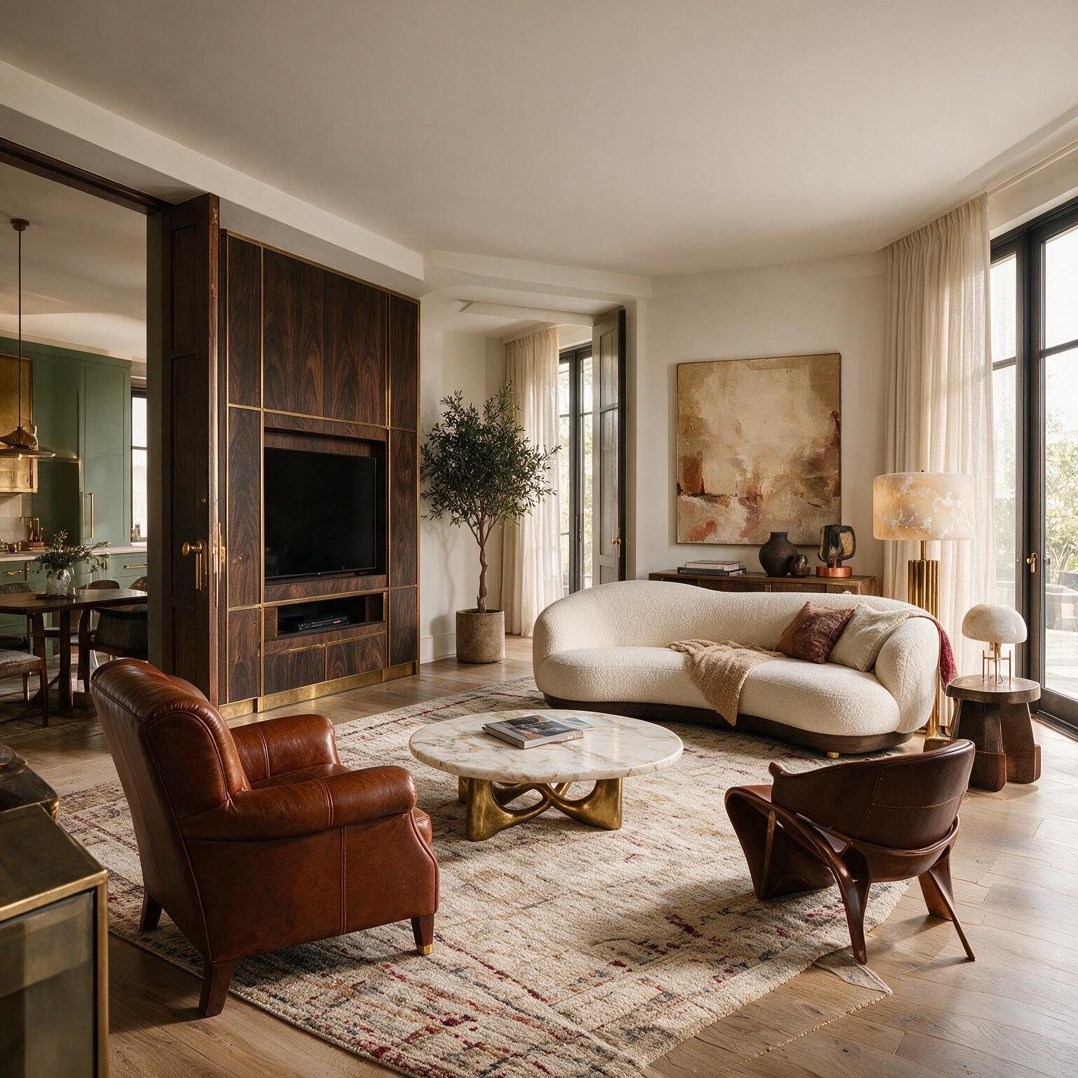 Warm living room with a curved bouclé sofa, walnut media wall and brass details
