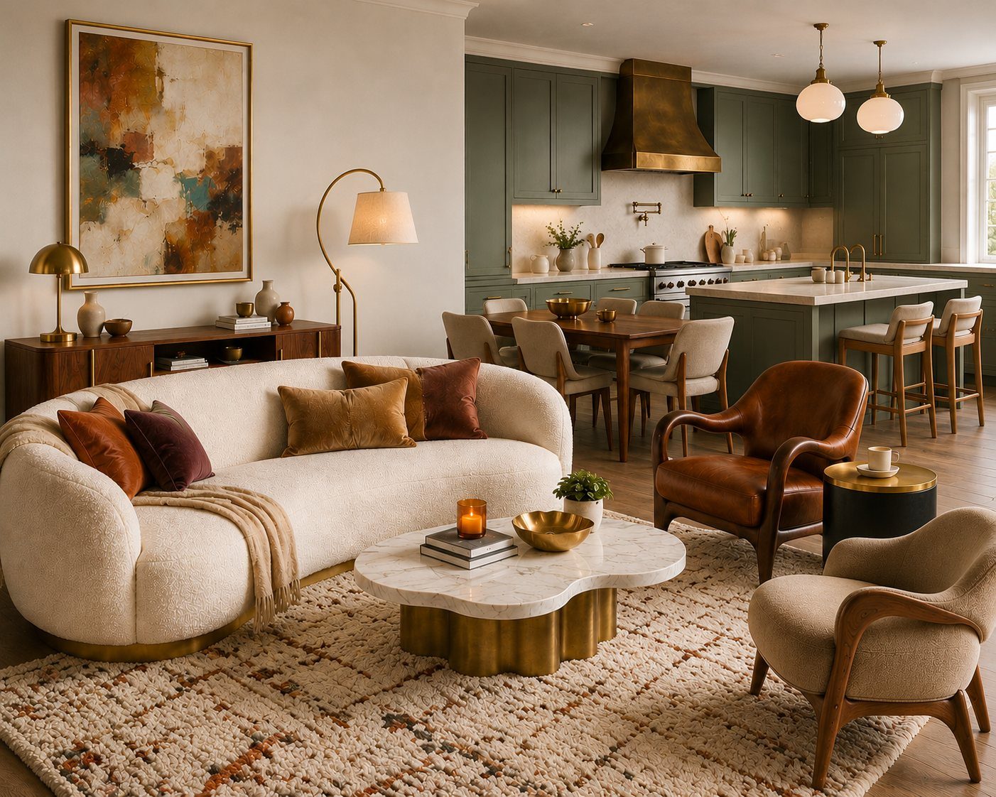 Living room with curved bouclé sofa and leather chairs