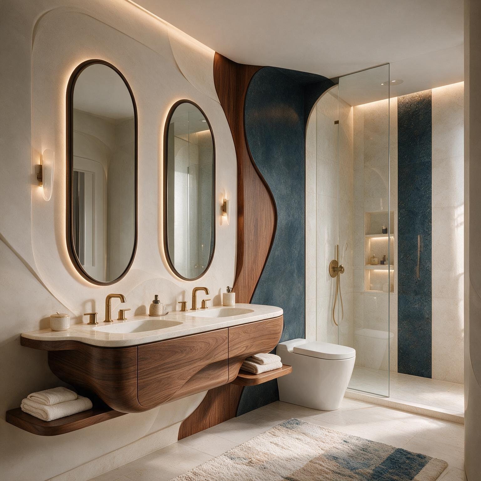 Primary bath with a sculpted walnut vanity