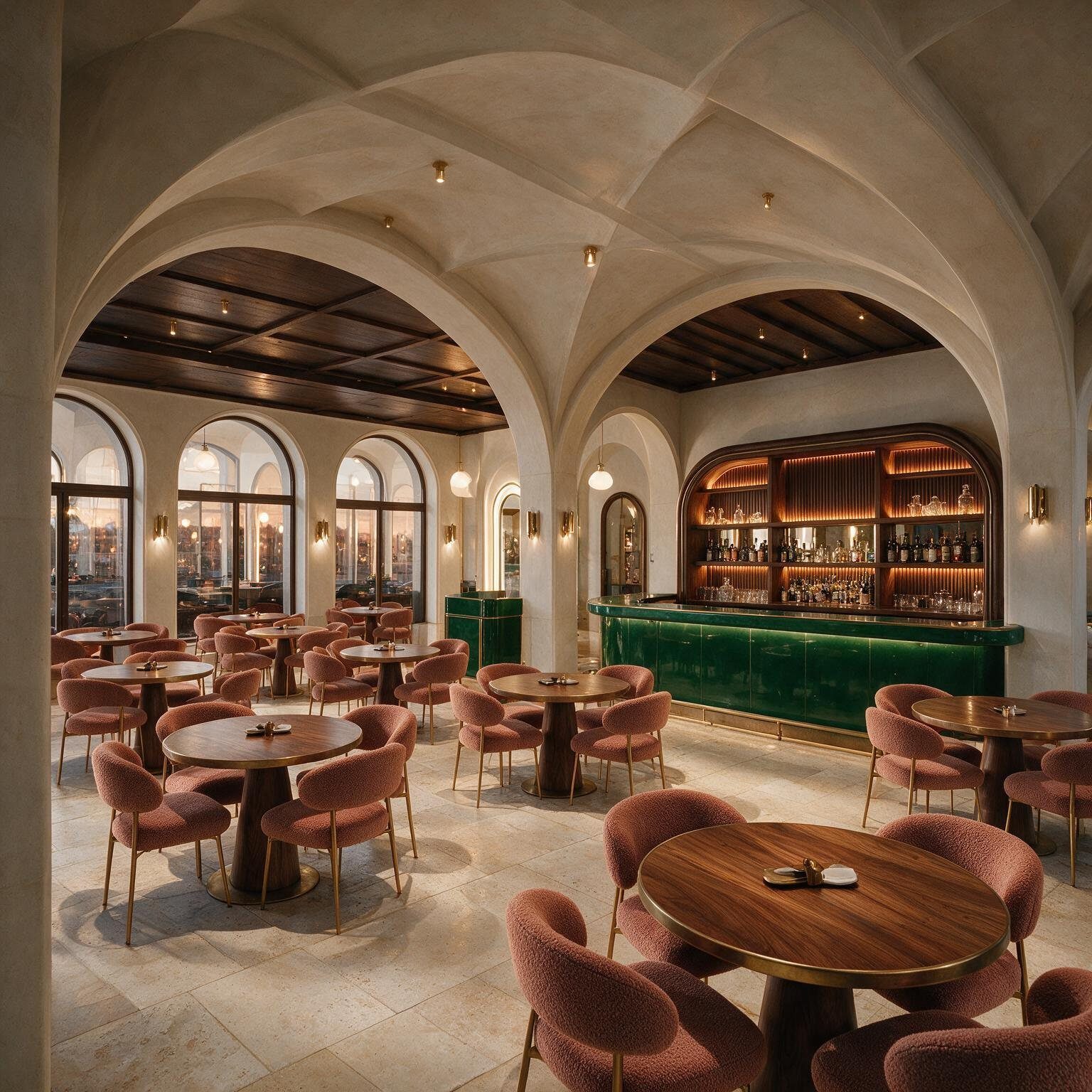 Restaurant dining room under vaulted plaster arches with an emerald bar
