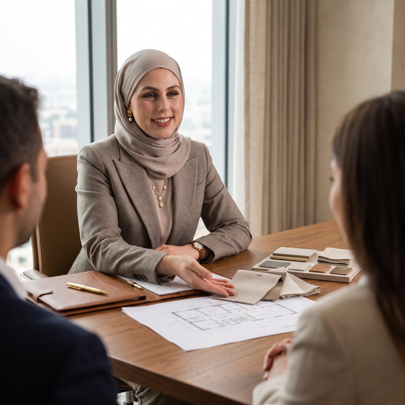 Salwa reviewing a floor plan and fabric samples with clients