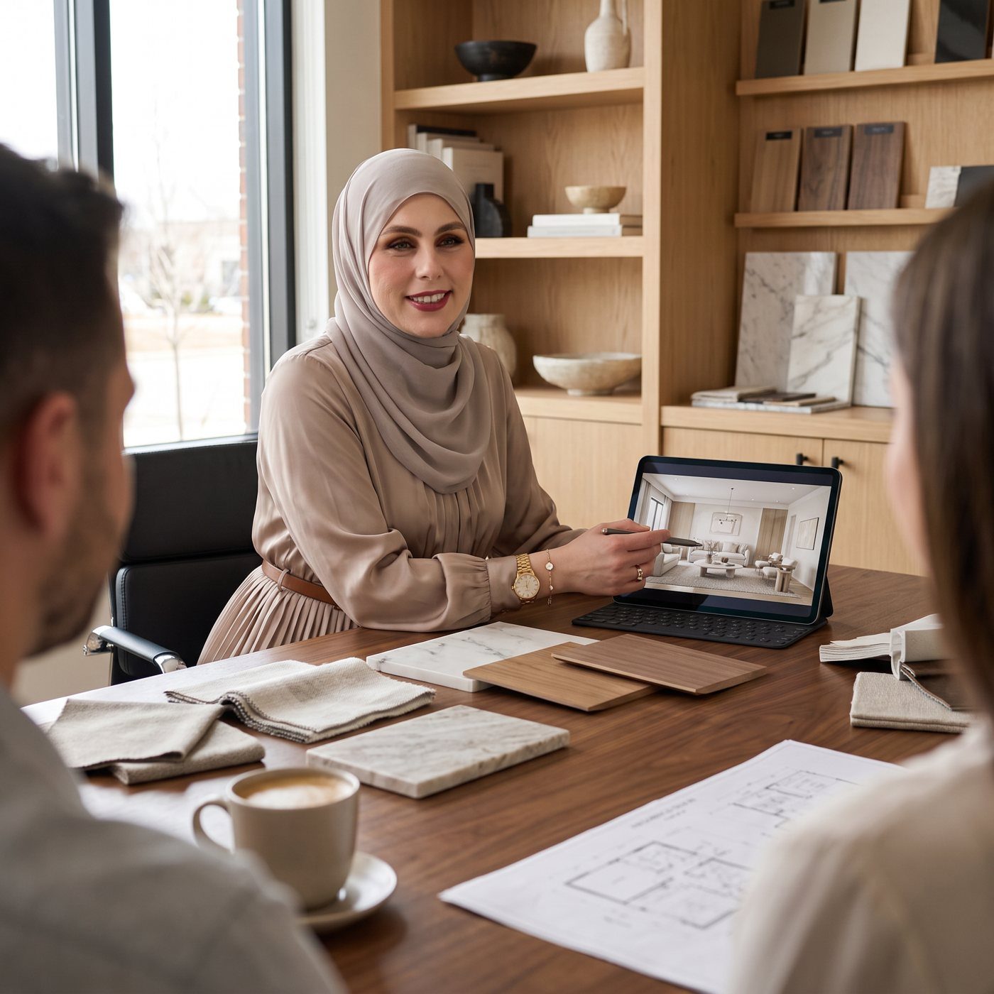 Salwa presenting a 3D rendering to clients on a tablet