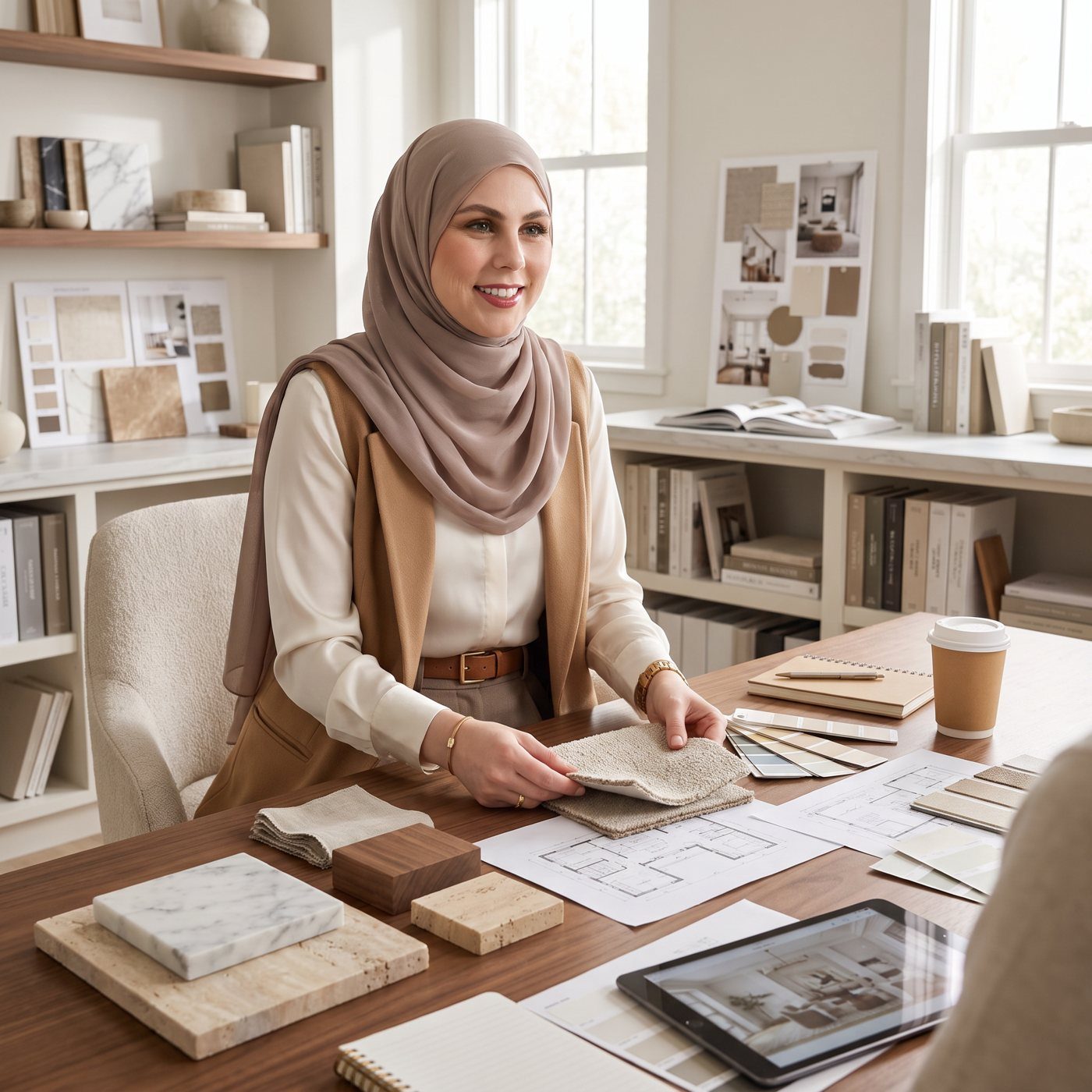 Salwa selecting stone, wood and fabric samples in the studio