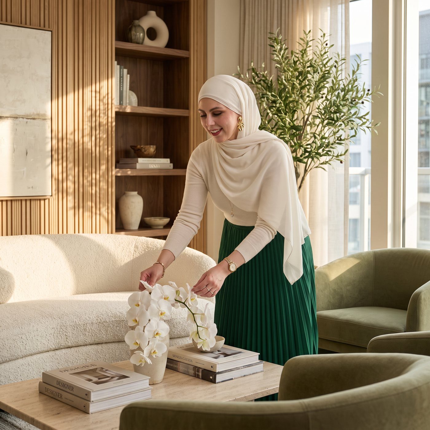 Salwa styling a finished living room with white orchids